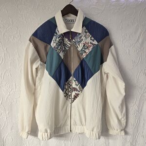 Vintage Women's Jacket Floral Color Block Sz Petite Medium Full Zip Long Sleeve